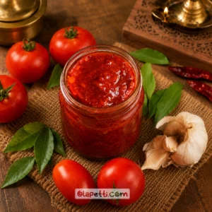 Olapetti homemade tomato pickle prepared with authentic South Indian spices