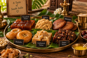 Traditional South Indian sweets including halwa palkova athirasam and badusha
