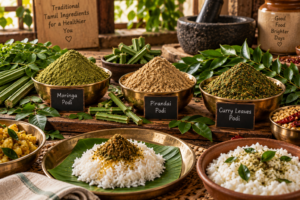 Moringa, pirandai and curry leaves podi in traditional Tamil cooking